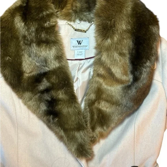 NWOT WORTHINGTON LINED WOOL BLEND FAUX FUR REMOVABLE COLLAR COAT WITH BELT - Picture 11 of 14